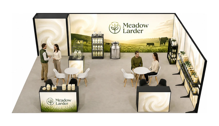 Stoisko 8 × 6 m narożne prawe dla branży nabiał i mleczarstwo, przykładowa marka Meadow Larder