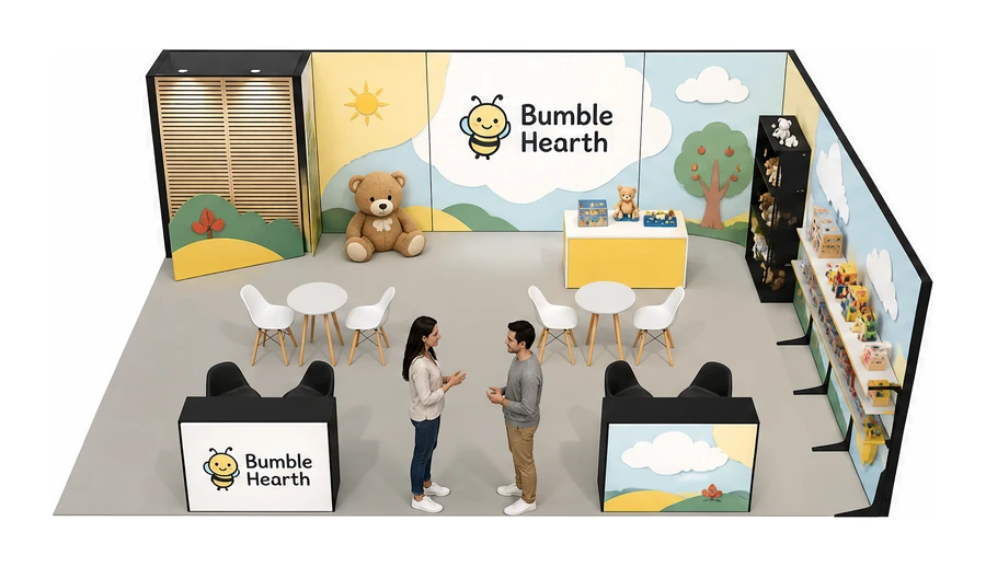 Stoisko 8 × 6 m narożne prawe dla branży zabawki i artykuły dziecięce, przykładowa marka Bumble Hearth