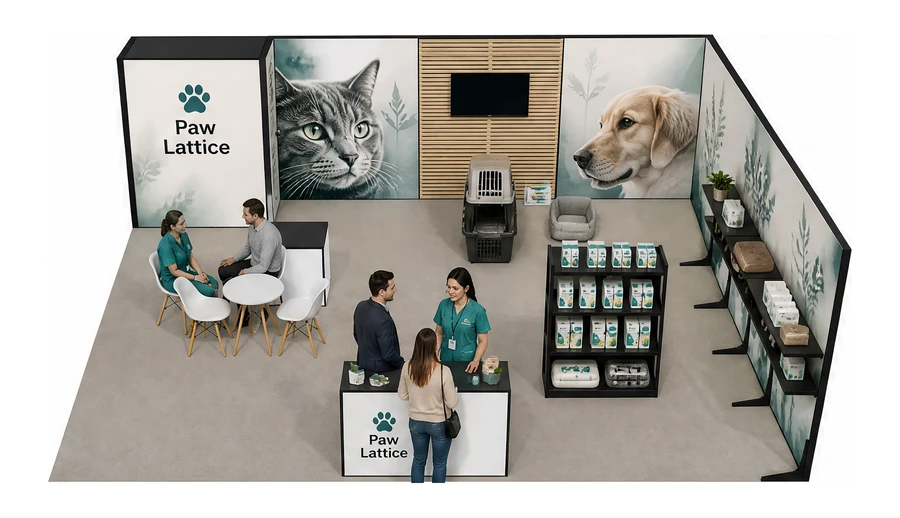 Stoisko 8 × 6 m narożne prawe dla branży weterynaria, przykładowa marka Paw Lattice