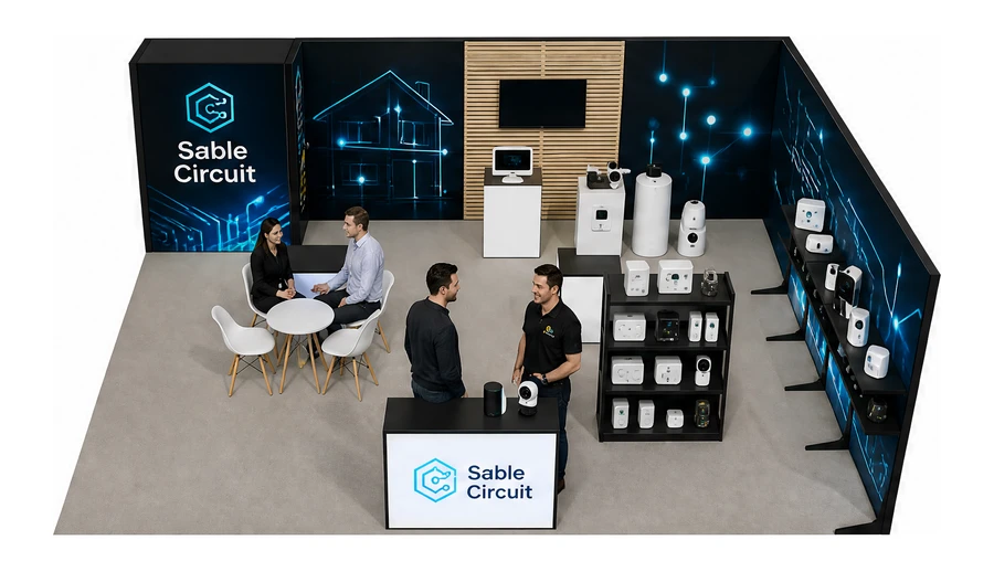 Stoisko 8 × 6 m narożne prawe dla branży smart home i IoT, przykładowa marka Sable Circuit
