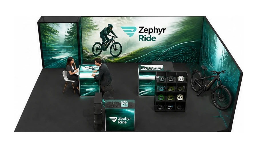 Stoisko 8 × 6 m narożne prawe dla branży rowery elektryczne, przykładowa marka Zephyr Ride