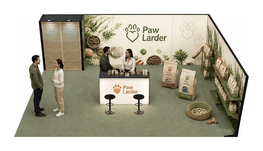 Stoisko 8 × 6 m narożne prawe dla branży karma dla zwierząt, przykładowa marka Paw Larder