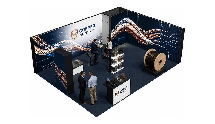 Stoisko 8 × 6 m narożne prawe dla branży kable i elektrotechnika, przykładowa marka Copper Sentry