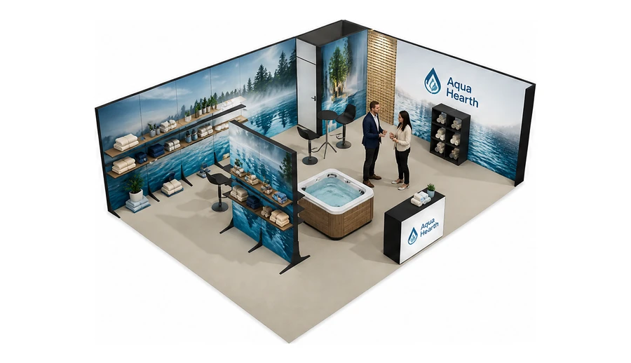 Stoisko 8 × 6 m narożne prawe dla branży baseny i sauny, przykładowa marka Aqua Hearth
