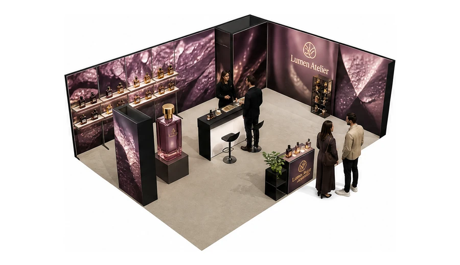 Stoisko 8 × 6 m narożne prawe dla branży perfumy, przykładowa marka Lumen Atelier