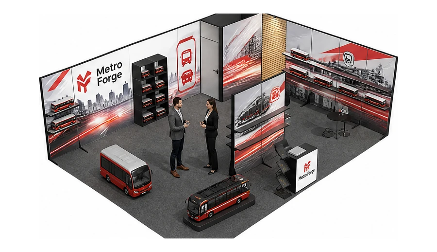 Stoisko 8 × 6 m narożne prawe dla branży autobusy i transport zbiorowy, przykładowa marka Metro Forge