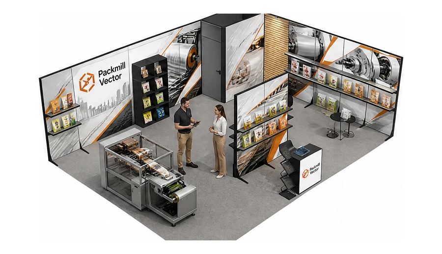 Stoisko 8 × 6 m narożne prawe dla branży maszyny pakujące, przykładowa marka Packmill Vector
