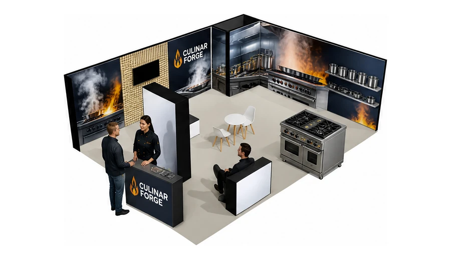 Stoisko 8 × 6 m narożne prawe dla branży wyposażenie gastronomii, przykładowa marka Culinar Forge