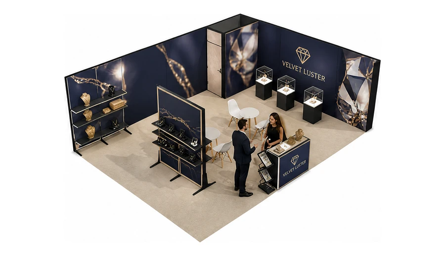 Stoisko 8 × 6 m narożne prawe dla branży biżuteria, przykładowa marka Velvet Luster