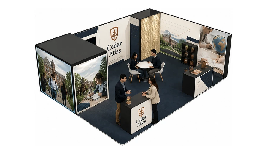 Stoisko 8 × 6 m narożne prawe dla branży edukacja i szkolenia, przykładowa marka Cedar Atlas
