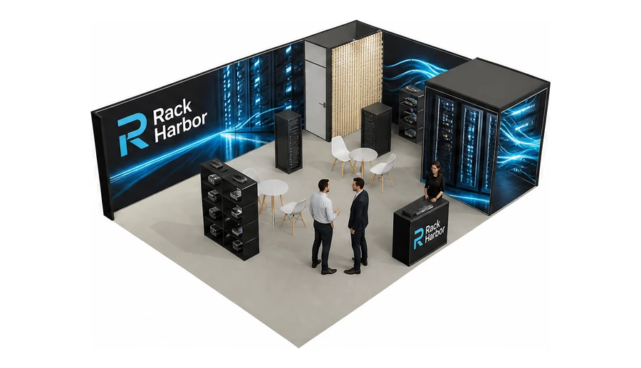 Stoisko 8 × 6 m narożne prawe dla branży infrastruktura IT i data center, przykładowa marka Rack Harbor