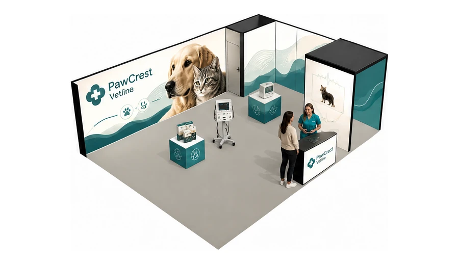 Stoisko 8 × 6 m narożne prawe dla branży weterynaria, przykładowa marka PawCrest Vetline