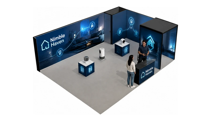 Stoisko 8 × 6 m narożne prawe dla branży smart home i IoT, przykładowa marka Nimble Haven