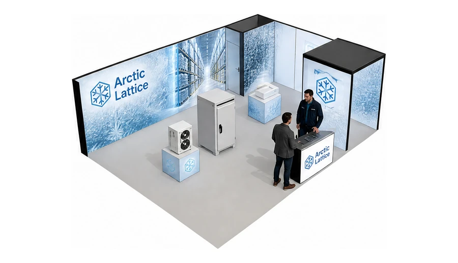 Stoisko 8 × 6 m narożne prawe dla branży łańcuch chłodniczy, przykładowa marka Arctic Lattice
