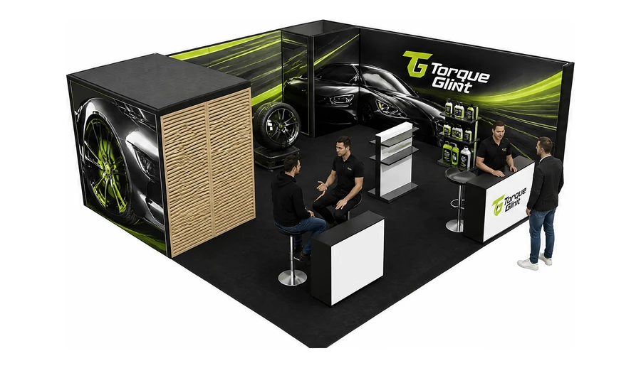 Stoisko 8 × 6 m narożne prawe dla branży tuning i detailing, przykładowa marka Torque Glint