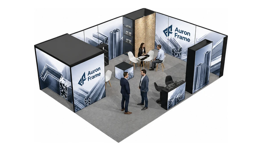 Stoisko 8 × 6 m narożne prawe dla branży profile aluminiowe, przykładowa marka Auron Frame