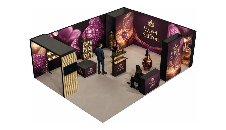 Stoisko 8 × 6 m narożne prawe dla branży perfumy, przykładowa marka Velvet Saffron