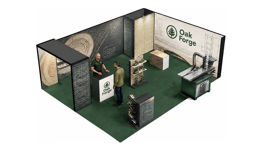 Stoisko 8 × 6 m narożne prawe dla branży maszyny do obróbki drewna, przykładowa marka Oak Forge