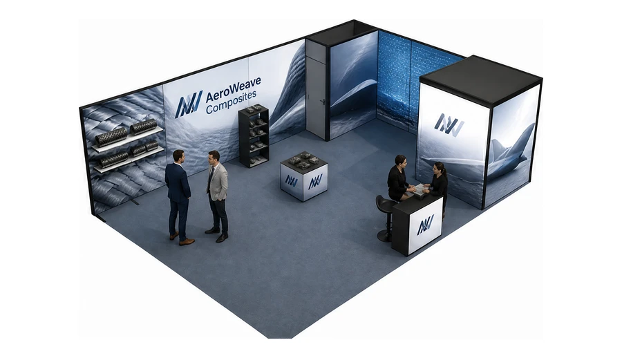 Stoisko 8 × 6 m narożne prawe dla branży materiały kompozytowe, przykładowa marka AeroWeave Composites