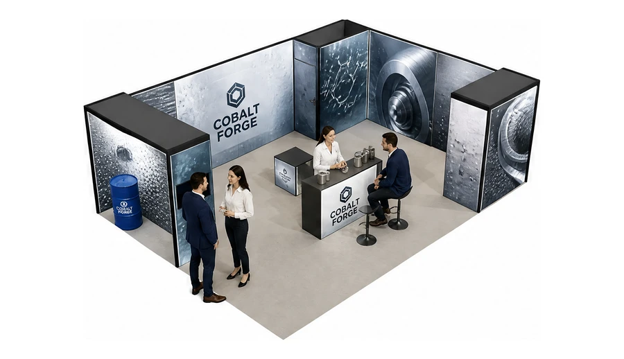 Stoisko 8 × 6 m narożne prawe dla branży chemia przemysłowa i powłoki, przykładowa marka Cobalt Forge