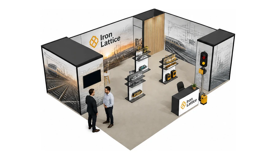Stoisko 8 × 6 m narożne prawe dla branży kolej i tabor, przykładowa marka Iron Lattice