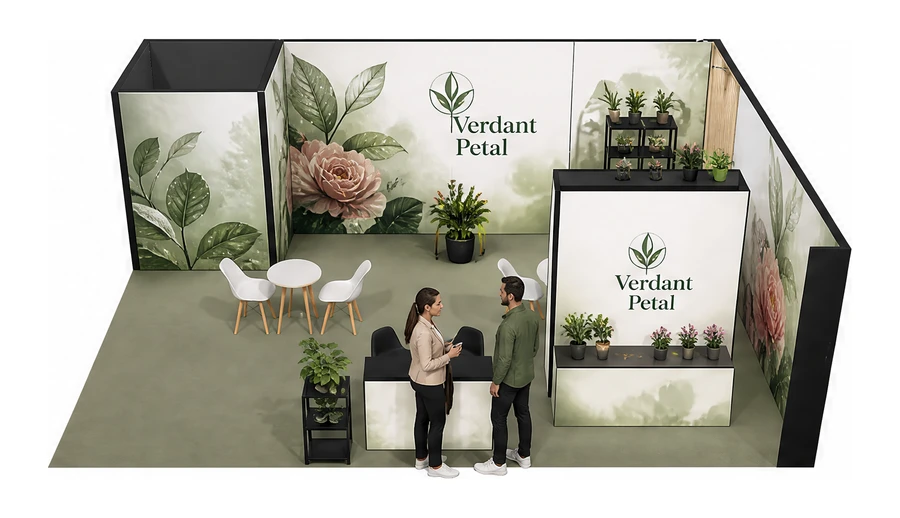 Stoisko 8 × 6 m narożne prawe dla branży rośliny i kwiaciarstwo, przykładowa marka Verdant Petal