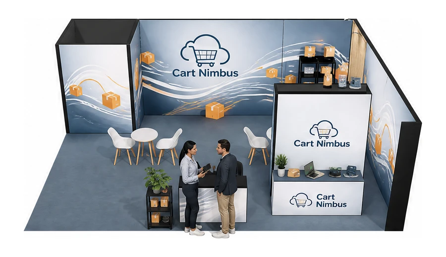 Stoisko 8 × 6 m narożne prawe dla branży e-commerce, przykładowa marka Cart Nimbus