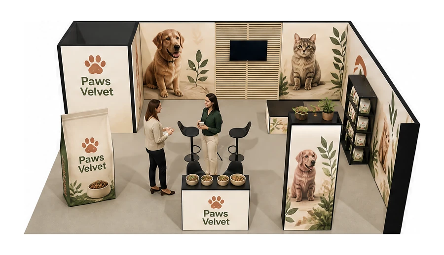 Stoisko 8 × 6 m narożne prawe dla branży karma dla zwierząt, przykładowa marka Paws Velvet
