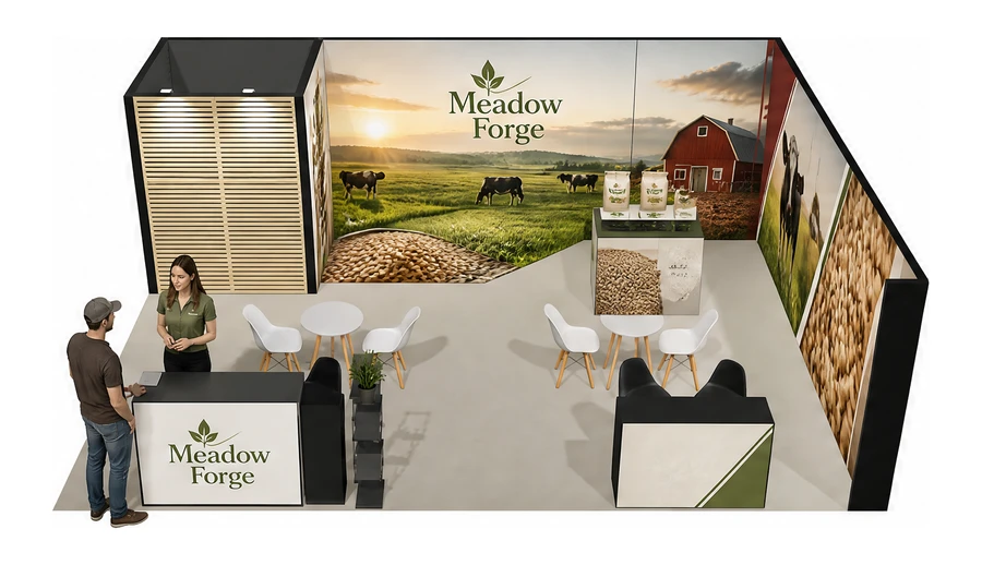 Stoisko 8 × 6 m narożne prawe dla branży hodowla i pasze, przykładowa marka Meadow Forge