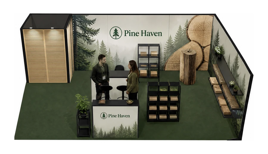 Stoisko 8 × 6 m narożne prawe dla branży leśnictwo i przemysł drzewny, przykładowa marka Pine Haven