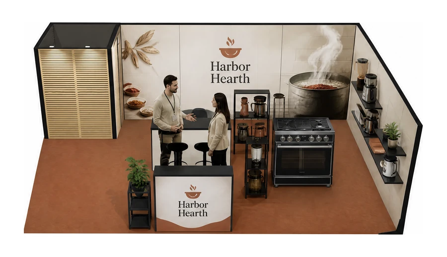 Stoisko 8 × 6 m narożne prawe dla branży sprzęt kuchenny i AGD, przykładowa marka Harbor Hearth
