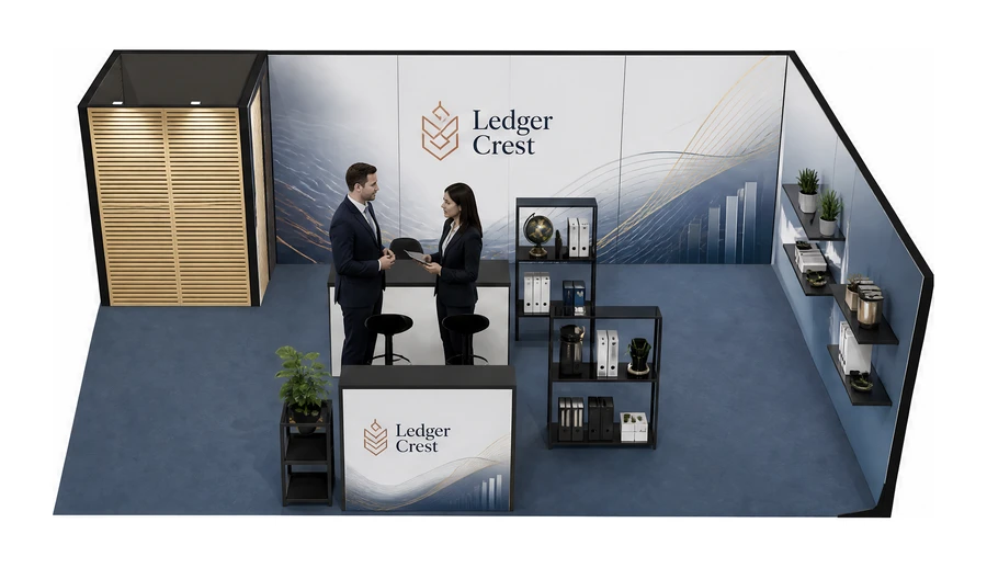 Stoisko 8 × 6 m narożne prawe dla branży usługi finansowe i księgowe, przykładowa marka Ledger Crest