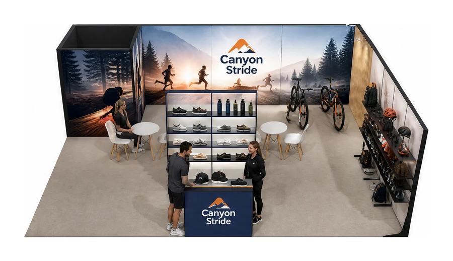 Stoisko 8 × 6 m narożne prawe dla branży sprzęt sportowy, przykładowa marka Canyon Stride