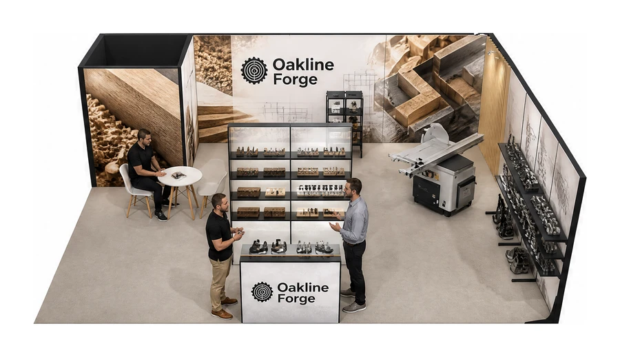 Stoisko 8 × 6 m narożne prawe dla branży maszyny do obróbki drewna, przykładowa marka Oakline Forge