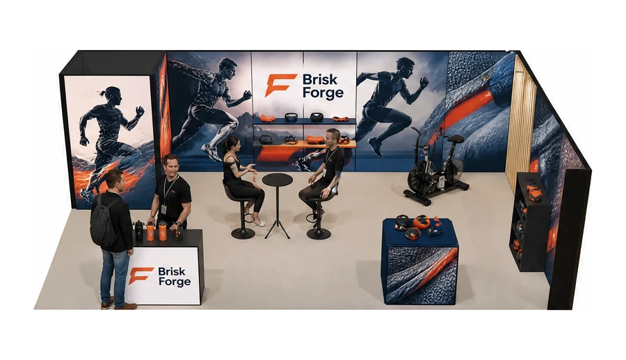 Stoisko 8 × 6 m narożne prawe dla branży sprzęt sportowy, przykładowa marka Brisk Forge