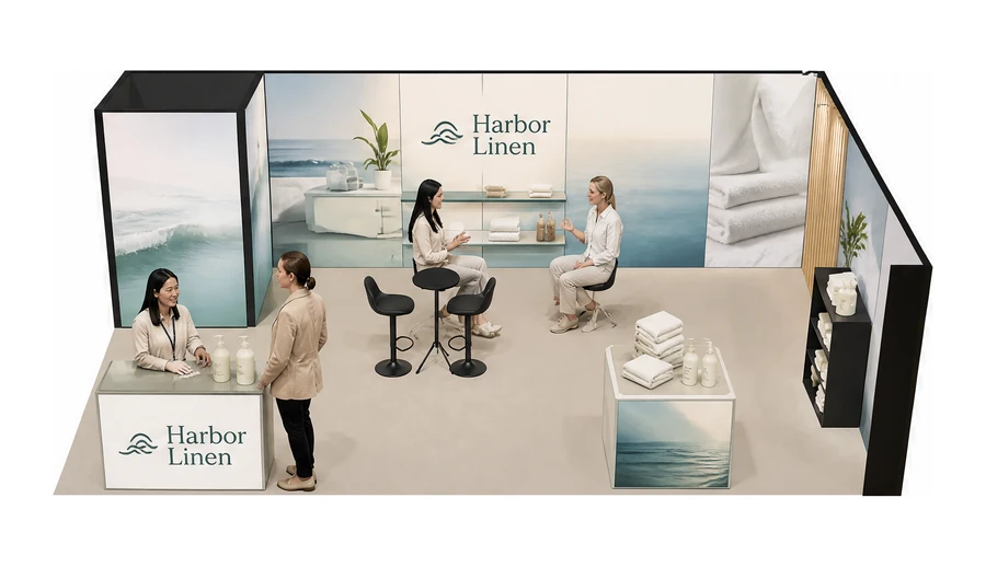 Stoisko 8 × 6 m narożne prawe dla branży wyposażenie hoteli, przykładowa marka Harbor Linen