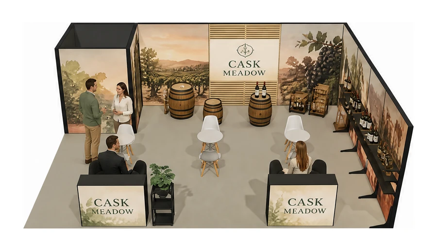 Stoisko 8 × 6 m narożne prawe dla branży winnica, przykładowa marka Cask Meadow