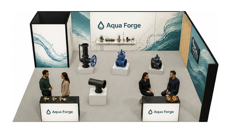 Stoisko 8 × 6 m narożne prawe dla branży instalacje wodno-kanalizacyjne, przykładowa marka Aqua Forge