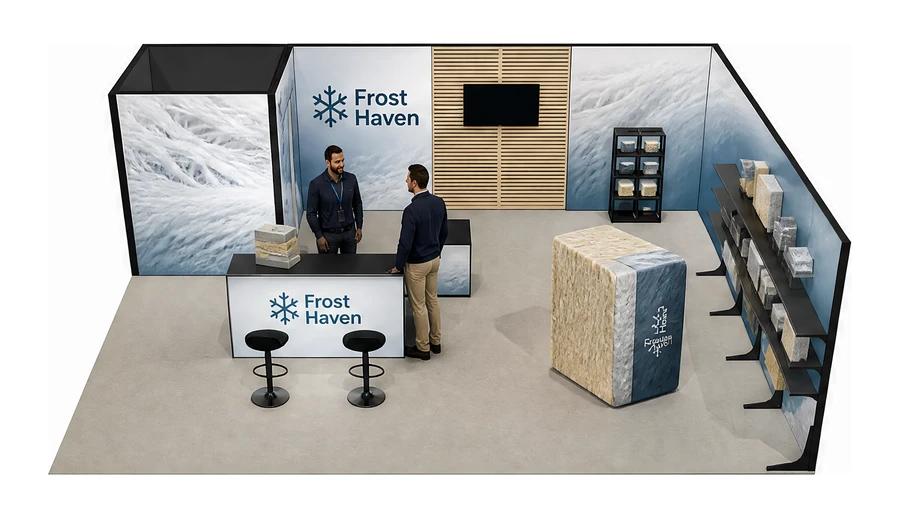 Stoisko 8 × 6 m narożne prawe dla branży izolacje techniczne, przykładowa marka Frost Haven