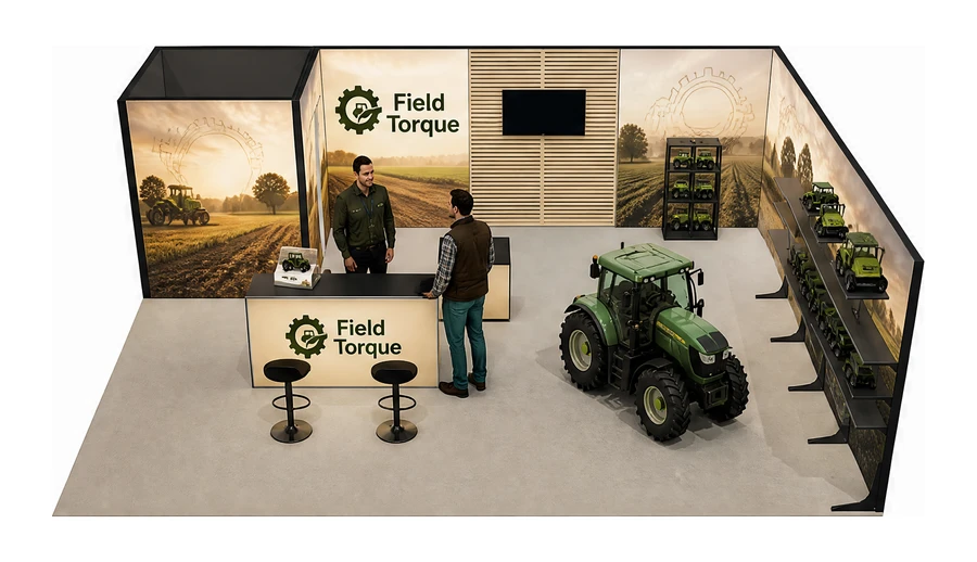 Stoisko 8 × 6 m narożne prawe dla branży maszyny rolnicze, przykładowa marka Field Torque