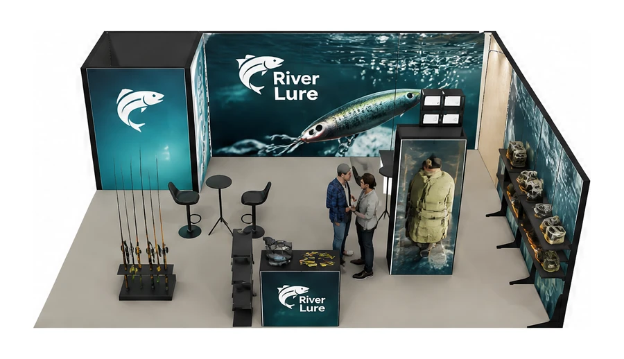 Stoisko 8 × 6 m narożne prawe dla branży wędkarstwo, przykładowa marka River Lure