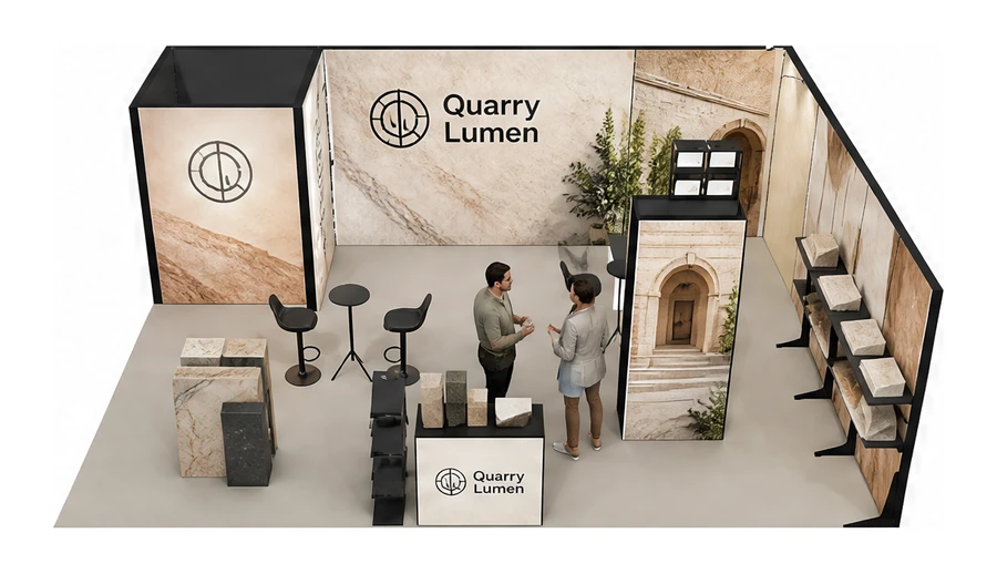Stoisko 8 × 6 m narożne prawe dla branży kamień i kamieniarstwo, przykładowa marka Quarry Lumen