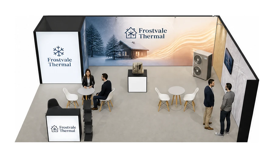 Stoisko 8 × 6 m narożne prawe dla branży pompy ciepła i ogrzewanie, przykładowa marka Frostvale Thermal
