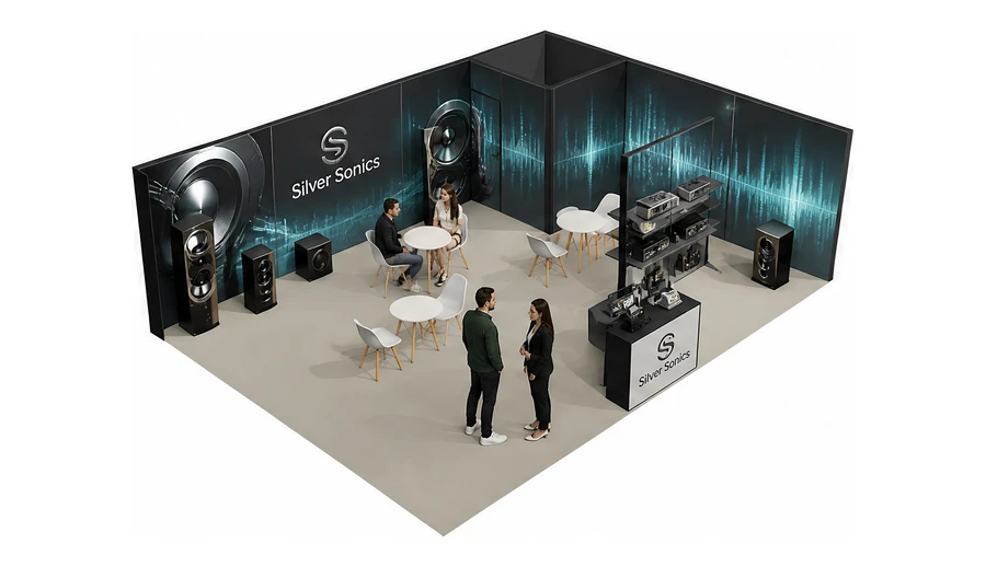 Stoisko 8 × 6 m narożne prawe dla branży sprzęt audio-video, przykładowa marka Silver Sonics