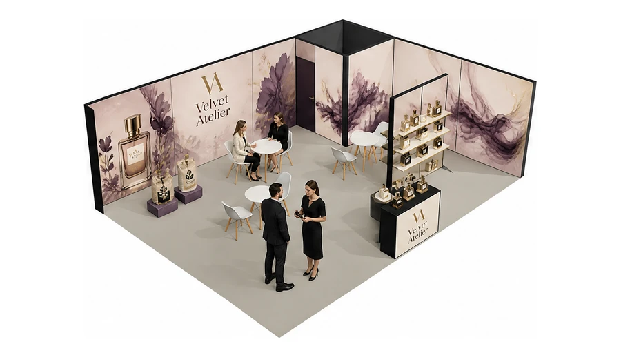Stoisko 8 × 6 m narożne prawe dla branży perfumy, przykładowa marka Velvet Atelier