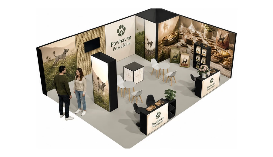 Stoisko 8 × 6 m narożne prawe dla branży karma dla zwierząt, przykładowa marka Pawhaven Provisions