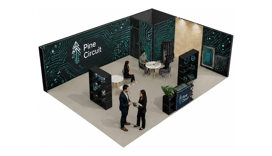 Stoisko 8 × 6 m narożne prawe dla branży komponenty elektroniczne, przykładowa marka Pine Circuit