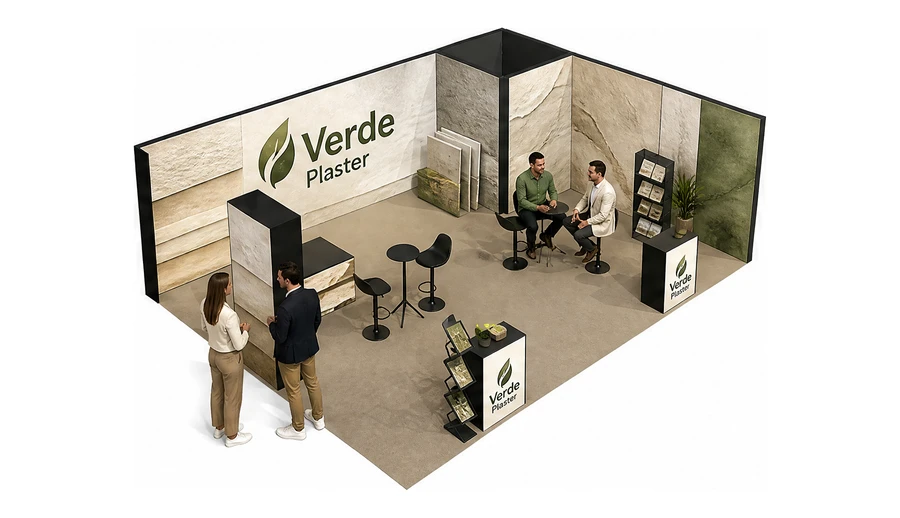 Stoisko 8 × 6 m narożne prawe dla branży wykończenie wnętrz, przykładowa marka Verde Plaster