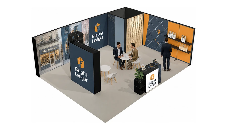 Stoisko 8 × 6 m narożne prawe dla branży franczyza i sieci, przykładowa marka Bright Ledger
