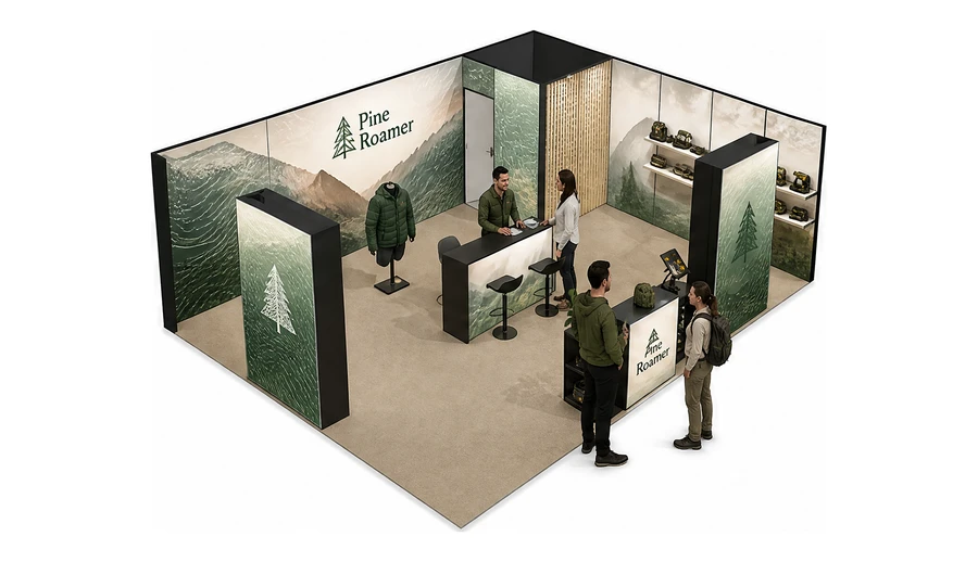 Stoisko 8 × 6 m narożne prawe dla branży odzież i sprzęt outdoorowy, przykładowa marka Pine Roamer